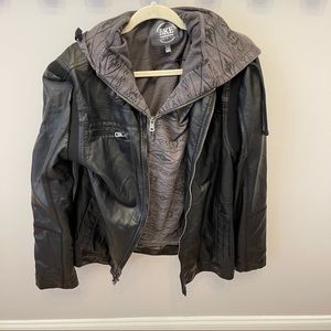 Mens Buckle BKE Slim Fit Leather Style Hooded Jacket Sz Medium Black Lined